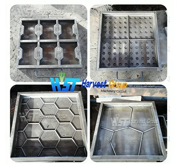 Rubber tile molds in different shapes including hexagon and interlocking designs