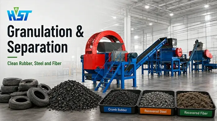 Tire recycling granulation and separation for crumb rubber steel and fiber